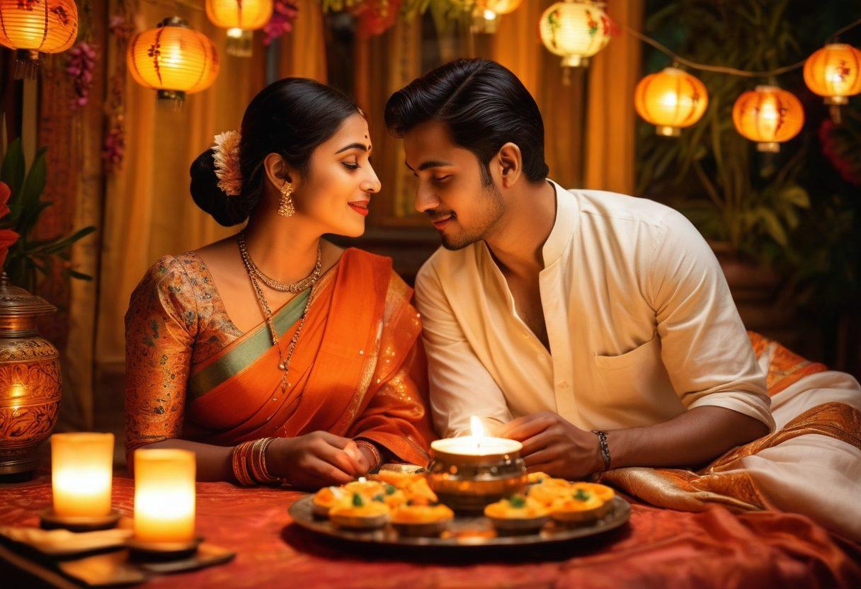 A warm and inviting illustration showcasing a traditional Bengali couple sharing an intimate moment, surrounded by rich cultural elements like pithchitra art, floral patterns, and soft Bengal textiles. Capture the essence of love with glowing lanterns in the backdrop, and a plate of sweets representing celebrations. The atmosphere should evoke nostalgia and deep emotional connection. vibrant colors. super-realistic. soft focus.