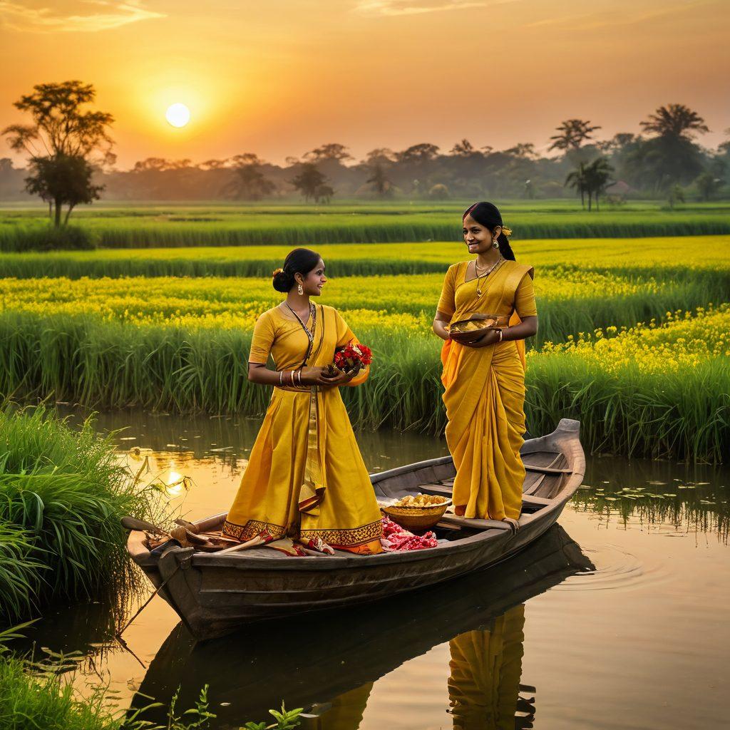 A romantic scene featuring a couple in traditional Bengali attire, surrounded by lush green paddy fields and blooming mustard flowers, with a serene river flowing in the background. The setting sun casts a golden hue, illuminating their joyful expressions as they exchange tender glances. Incorporate elements of Bengali culture, such as a small boat and earthen pots. vibrant colors. super-realistic.
