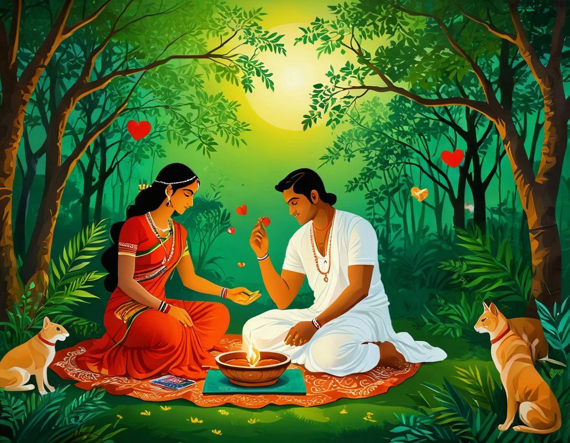 A romantic collage depicting traditional Bengali couples immersed in folklore, surrounded by lush green landscapes, the vibrant colors of Durga Puja celebrations, and the glowing warmth of a modern love story in an urban setting. Ethereal motifs of traditional Bengali art intertwined with modern symbols of love like hearts and digital gadgets, creating a harmonious blend of past and present. delicate brush strokes and rich textures. vibrant colors. painting.
